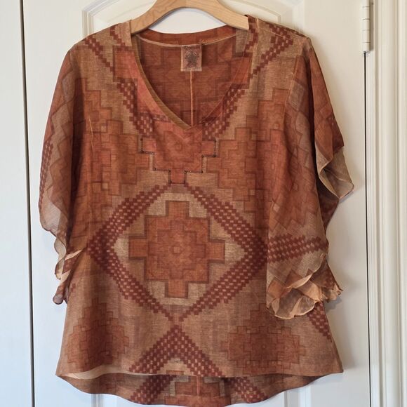 ransom Tops - Ransom Geometric Rust and Tan Sheer V-Neck Blouse